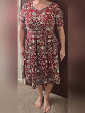 LuLaRoe Burgundy Floral Amelia Dress with Light Blue Accents